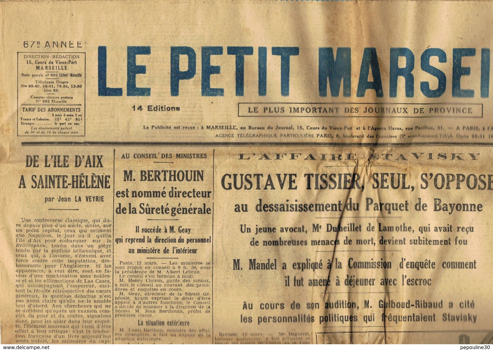 ** JOURNAL ** LE PETIT MARSEILLAIS ** 2ème ÉDITION DU ** MERCREDI 14 MARS 1934 ** - Le Petit Marseillais