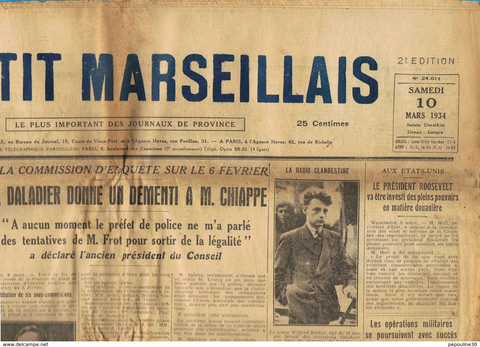 ** JOURNAL ** LE PETIT MARSEILLAIS ** 2ème ÉDITION DU ** SAMEDI 10 MARS 1934 ** - Le Petit Marseillais