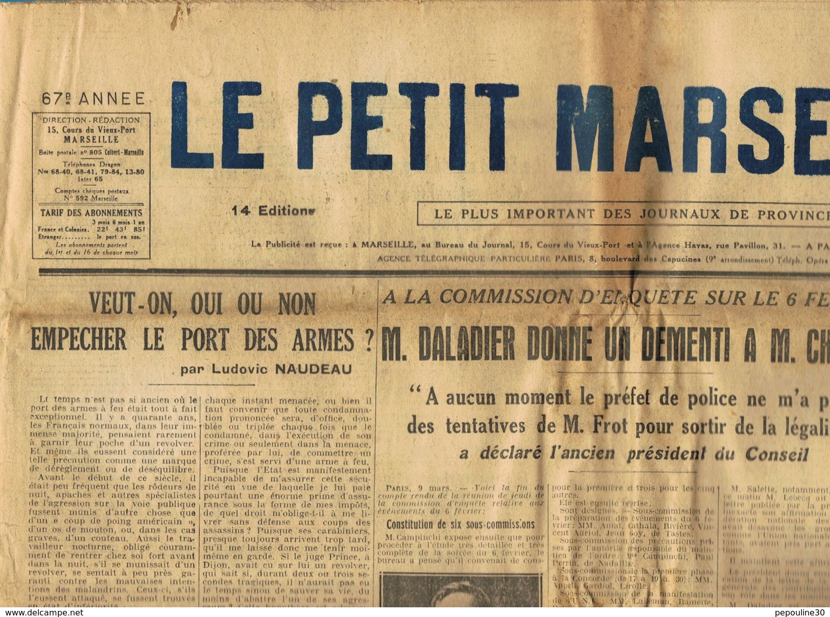 ** JOURNAL ** LE PETIT MARSEILLAIS ** 2ème ÉDITION DU ** SAMEDI 10 MARS 1934 ** - Le Petit Marseillais