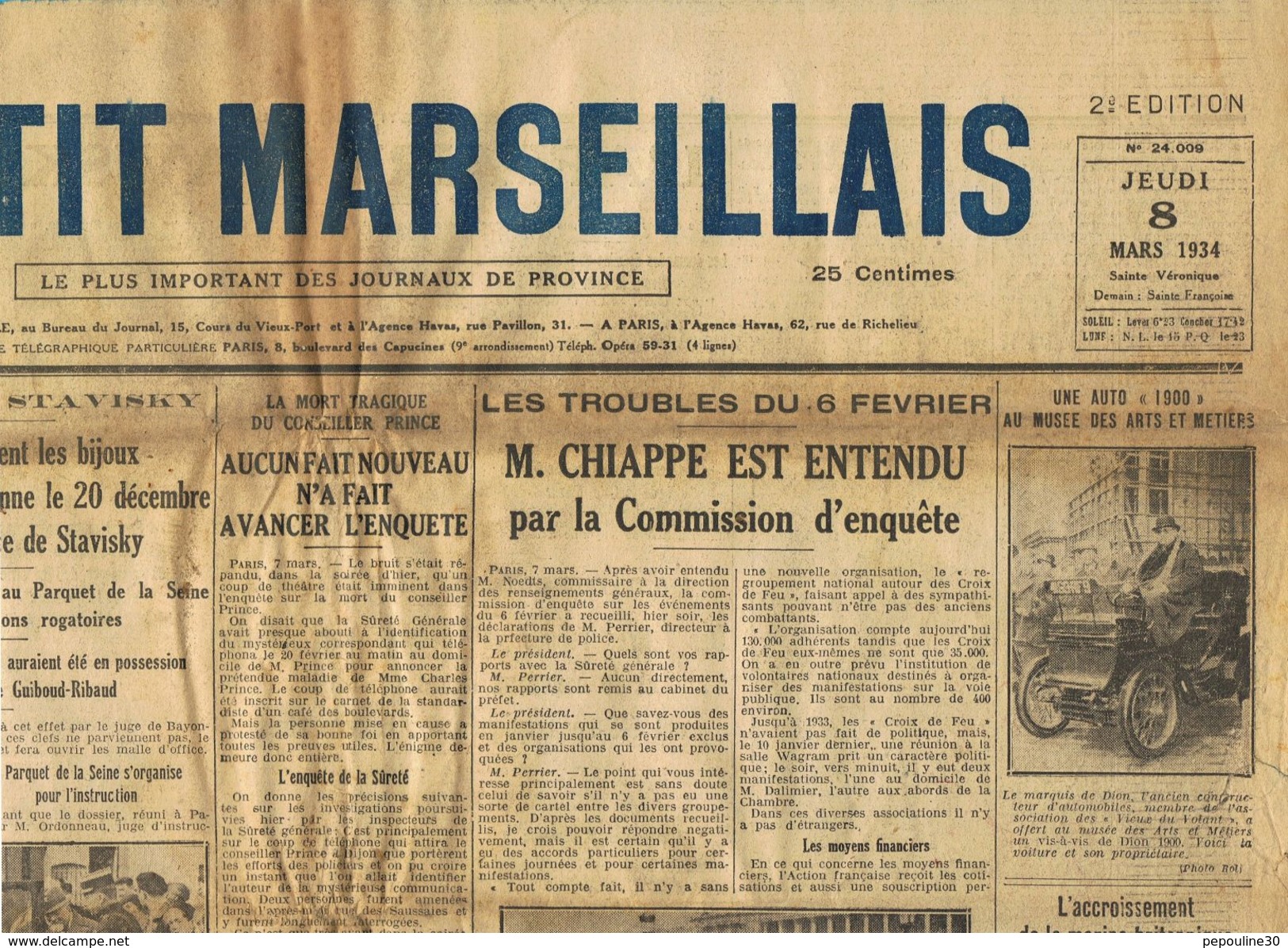 ** JOURNAL ** LE PETIT MARSEILLAIS ** 2ème ÉDITION DU ** JEUDI 08 MARS 1934 ** - Le Petit Marseillais