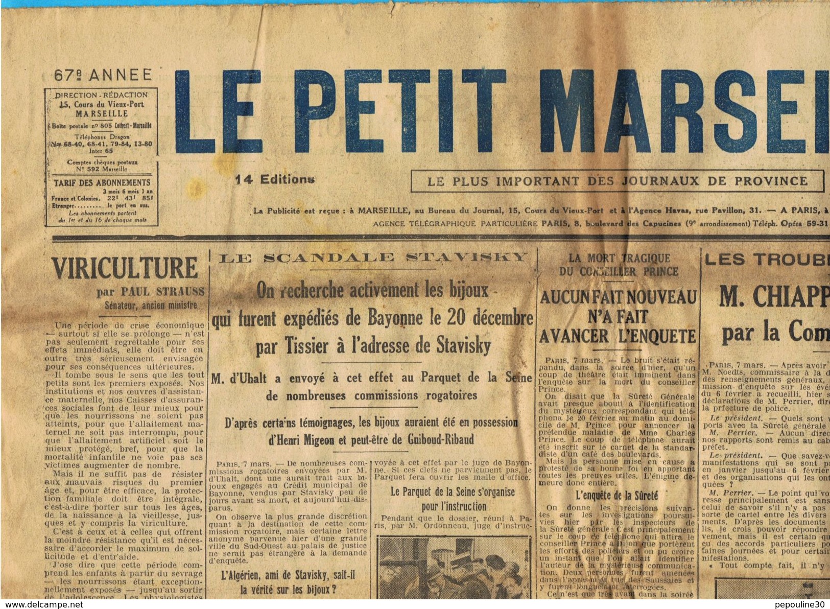 ** JOURNAL ** LE PETIT MARSEILLAIS ** 2ème ÉDITION DU ** JEUDI 08 MARS 1934 ** - Le Petit Marseillais