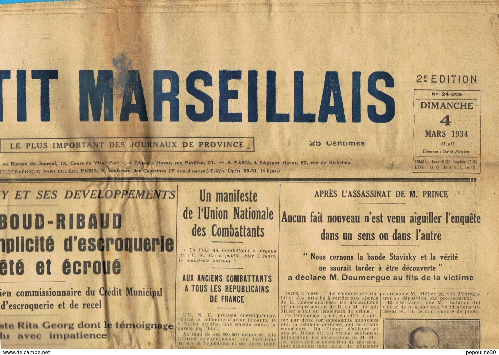 ** JOURNAL ** LE PETIT MARSEILLAIS ** 2ème ÉDITION DU ** DIMANCHE 04 MARS 1934 ** - Le Petit Marseillais