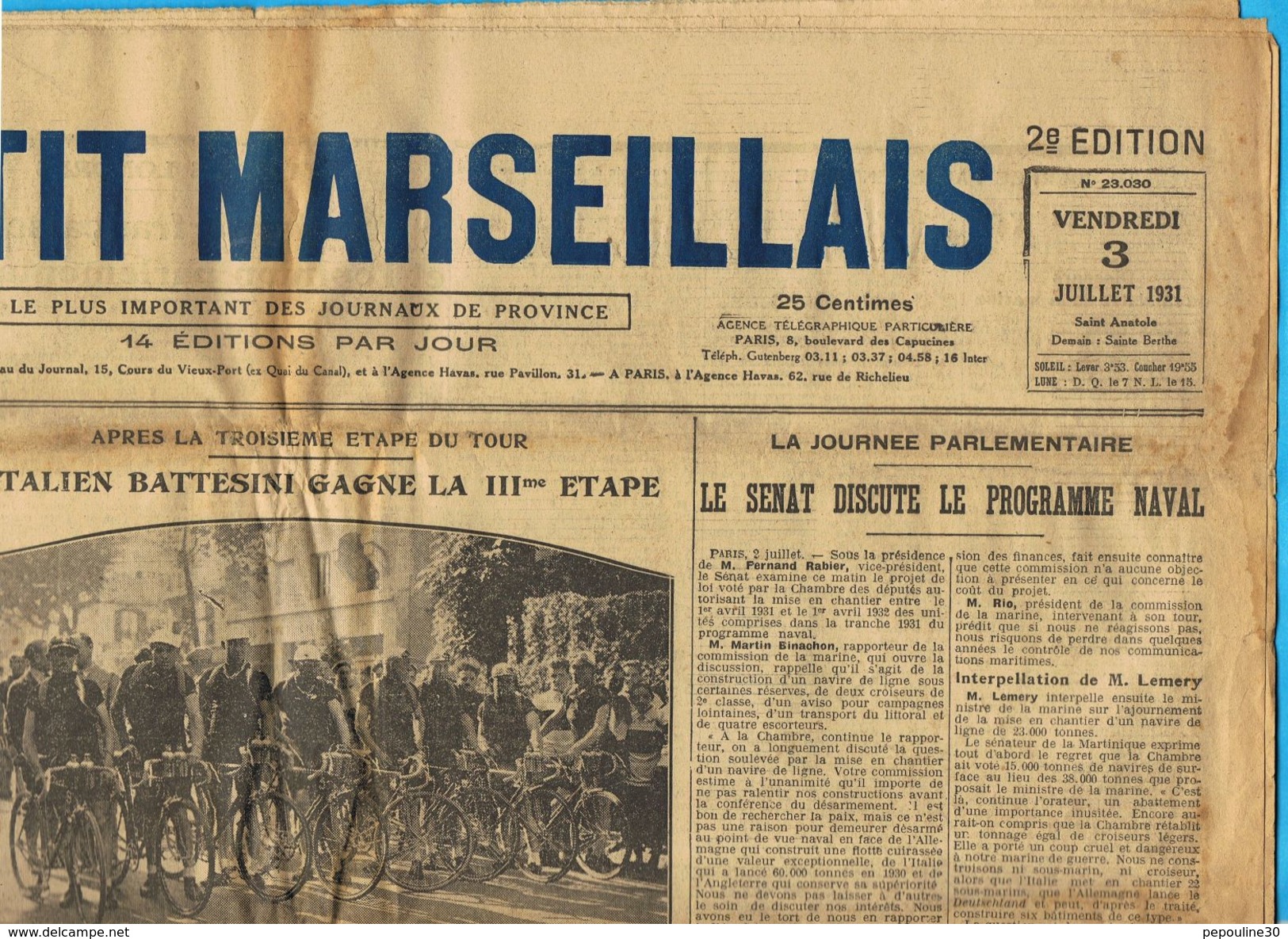 ** JOURNAL ** LE PETIT MARSEILLAIS ** 2ème ÉDITION DU ** VENDREDI 03 JUILLET 1931 ** - Le Petit Marseillais