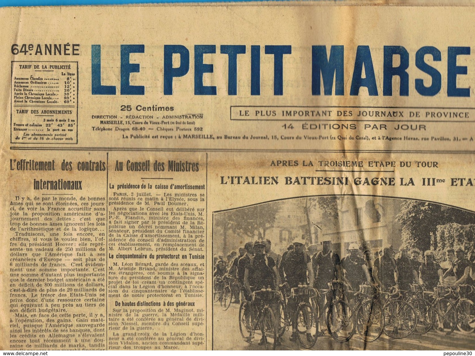 ** JOURNAL ** LE PETIT MARSEILLAIS ** 2ème ÉDITION DU ** VENDREDI 03 JUILLET 1931 ** - Le Petit Marseillais