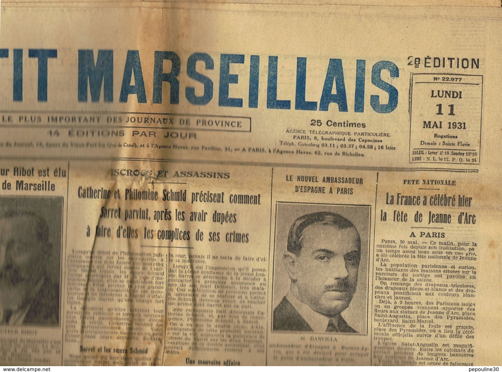 ** JOURNAL ** LE PETIT MARSEILLAIS ** 2ème ÉDITION DU ** LUNDI 11 MAI 1931 ** - Le Petit Marseillais