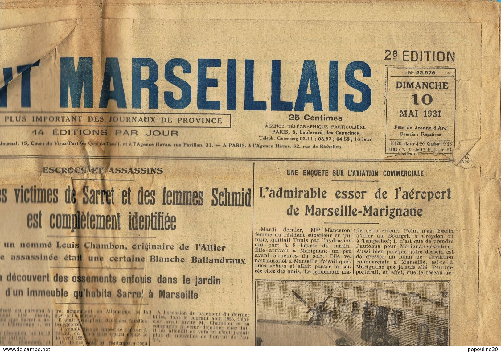 ** JOURNAL ** LE PETIT MARSEILLAIS ** 2ème ÉDITION DU ** DIMANCHE 10 MAI 1931 ** - Le Petit Marseillais