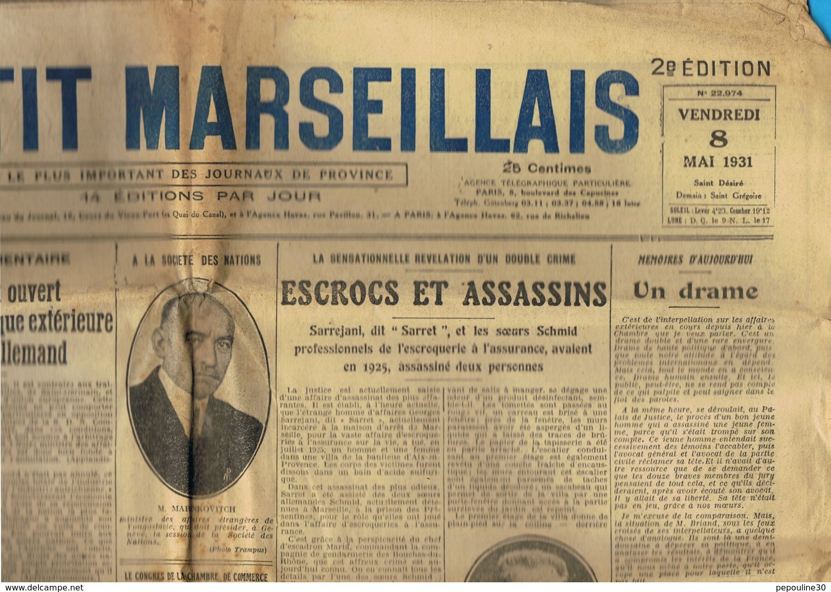 ** JOURNAL ** LE PETIT MARSEILLAIS ** 2ème ÉDITION DU ** VENDREDI 08 MAI 1931 ** - Le Petit Marseillais