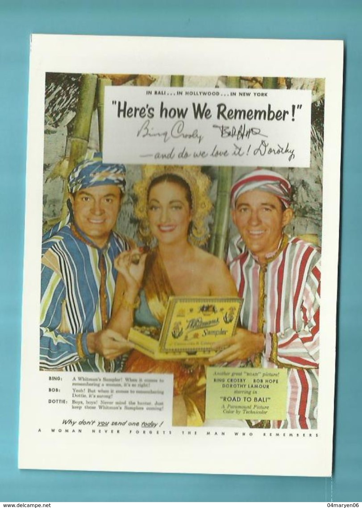 -  1x Kaart -publiciteit -"" WHITMANS  "" Met  BING CROSBY+BOB HOPE +DOROTHY LAMOUR - Artistes