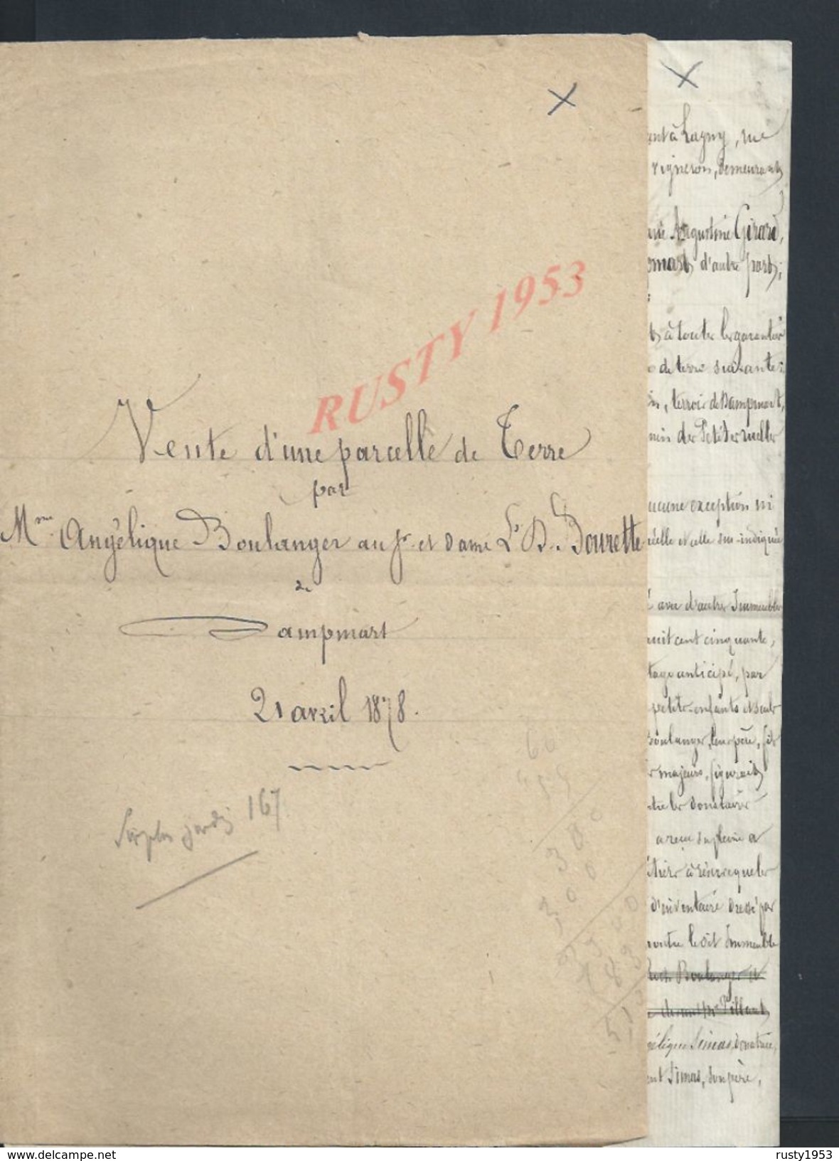 DAMPMART 1878 ACTE DE VENTE DE TERRE PAR BOULANGER À BOURETTE 2 PAGES - Manuscripts
