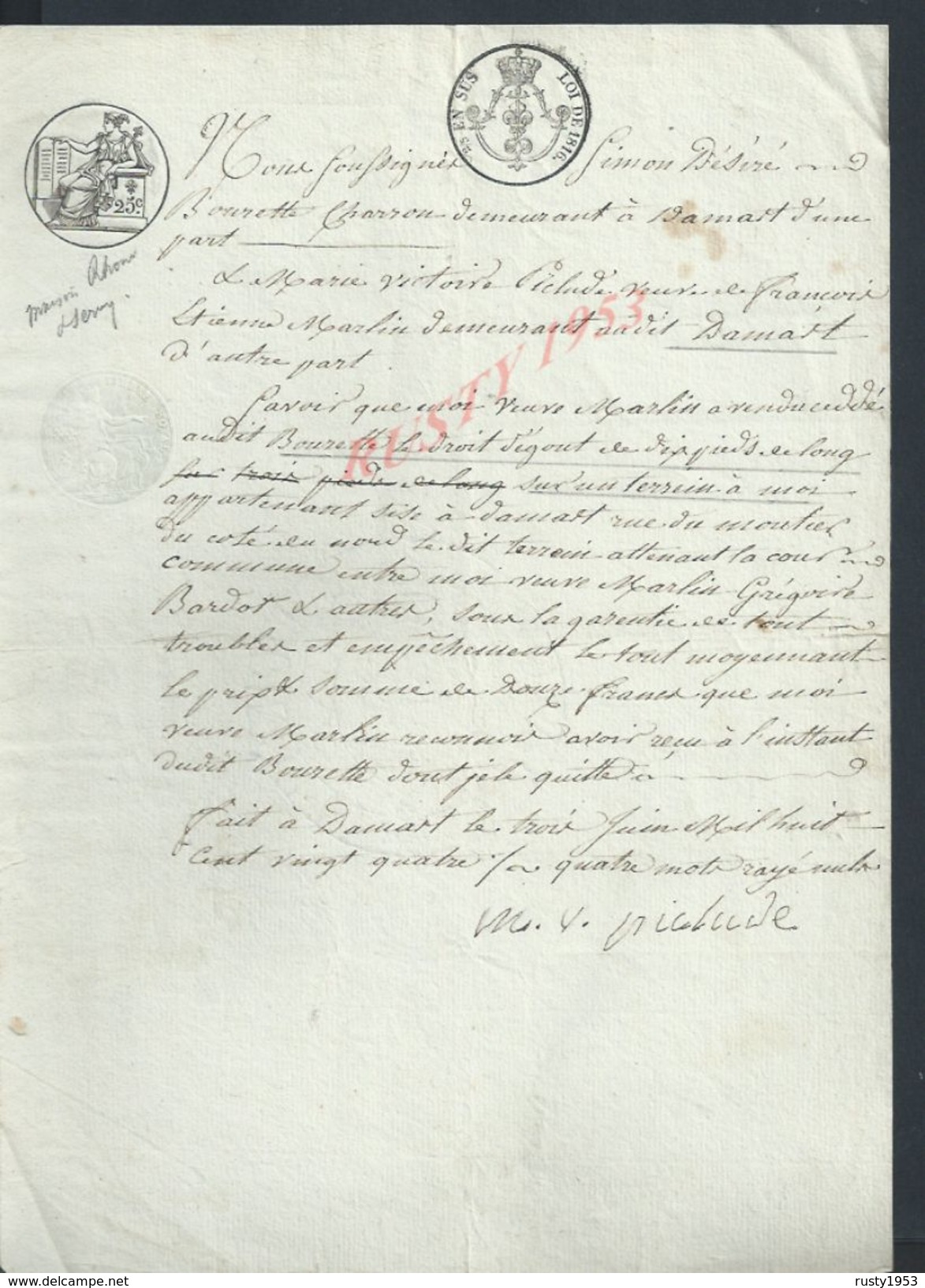 DAMPMART 1824 ACTE DE VENTE MARTIN À BOURETTE : - Manuscripts