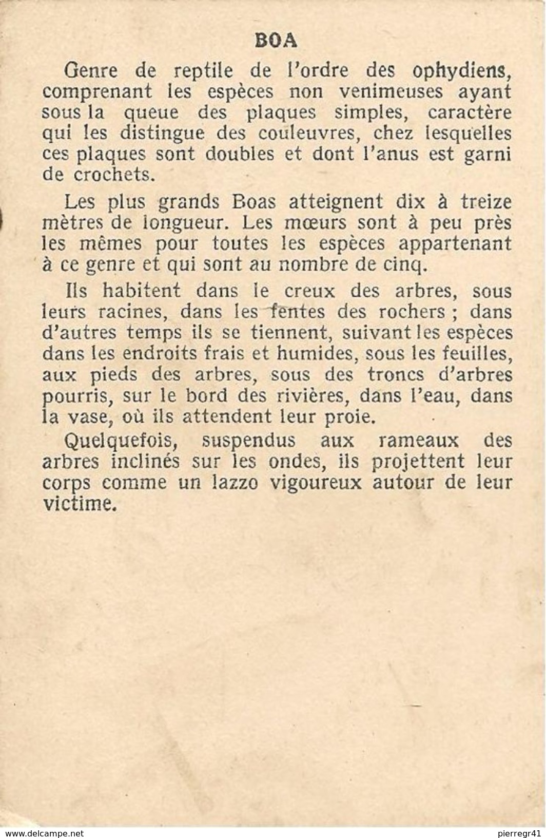 9- CHROMOS-Vers 1920-ANIMAUX -V° Descriptif-TBE - Autres & Non Classés