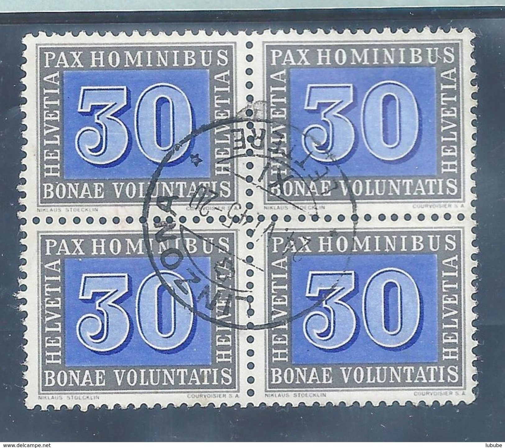 Viererblock  PAX, 30 Rp.blau/grau  BELLINZONA  (Abart)          1945 - Usati