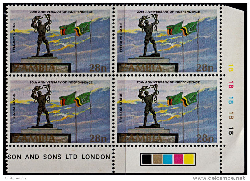 A5906 ZAMBIA 1984, SG 418 20th Anniv Independence, MNH Control Block Of 4 (Bottom Right Of Sheet) - Zambia (1965-...)