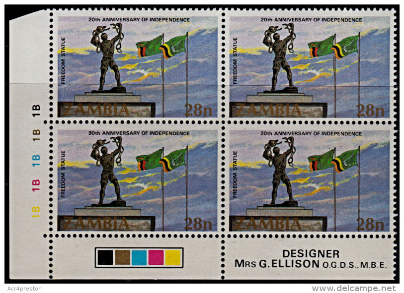 A5905 ZAMBIA 1984, SG 418 20th Anniv Independence, MNH Control Block Of 4 (Bottom Left Of Sheet) - Zambia (1965-...)