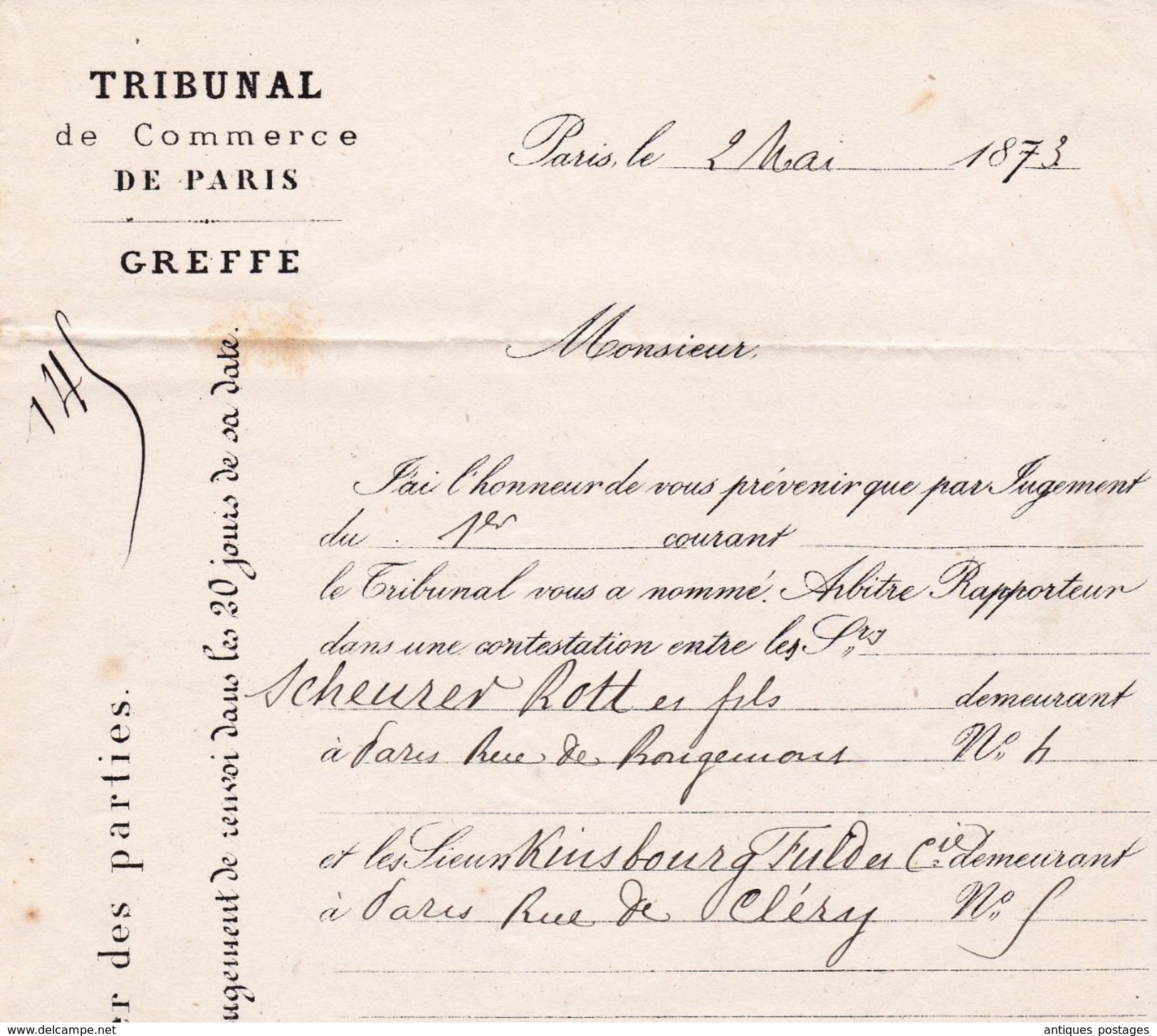 Lettre Paris Montrouge 1873 Cérès 15c Greffe du Tribunal de Commerce de Paris Losange Gros Chiffre 2523