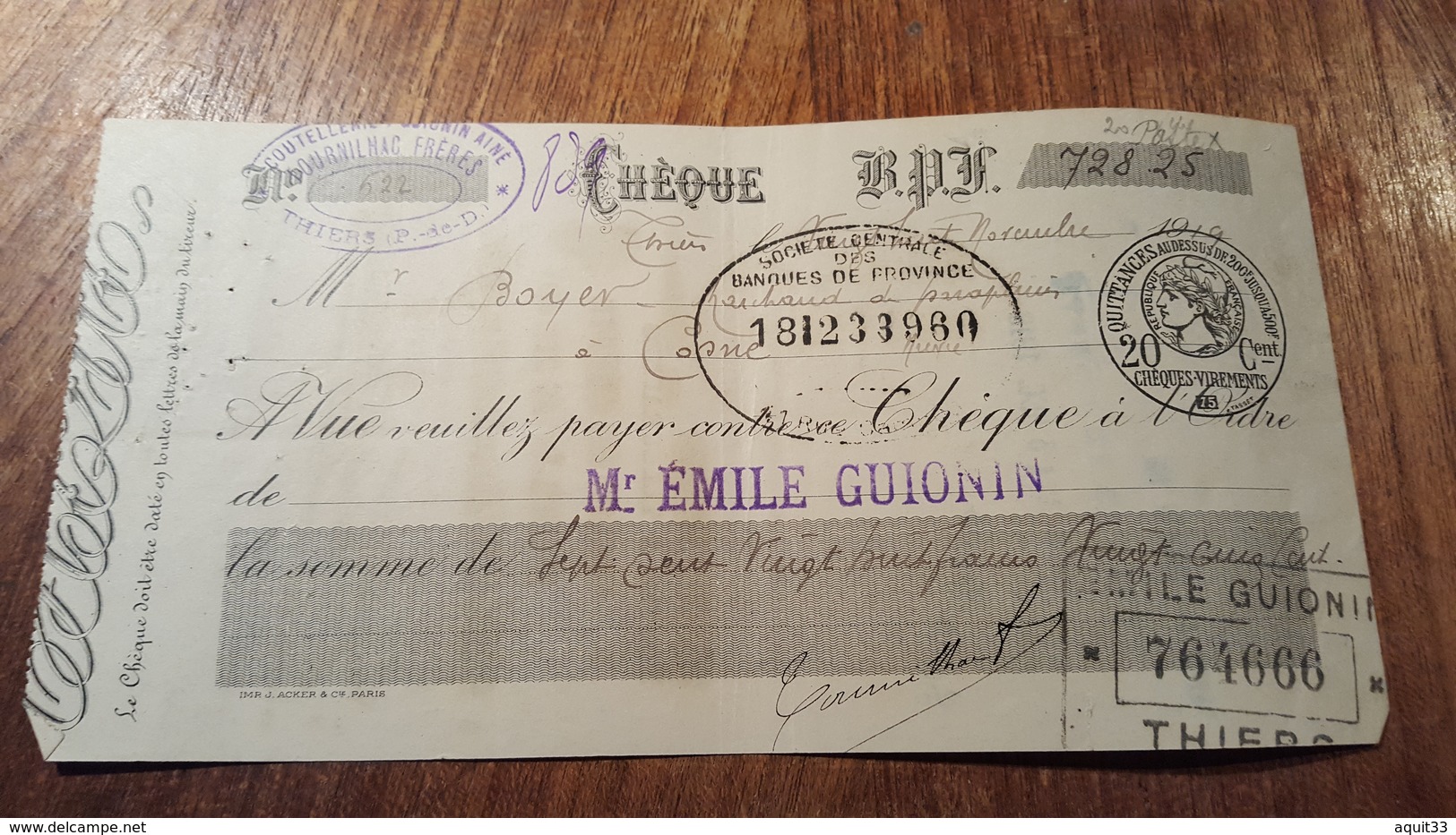 CHÈQUE A ORDRE  DE 1919  TAMPON QUITTANCES 20CTS CHÈQUE VIREMENTS - Cheques & Traveler's Cheques