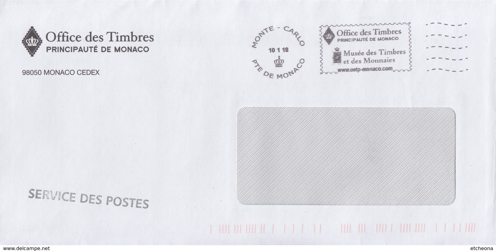 = Flamme Office De Timbres Principauté De Monaco Musée Des Timbres Et Des Monnaies Monte-Carlo 10.1.18 En Franchise - Marcophilie