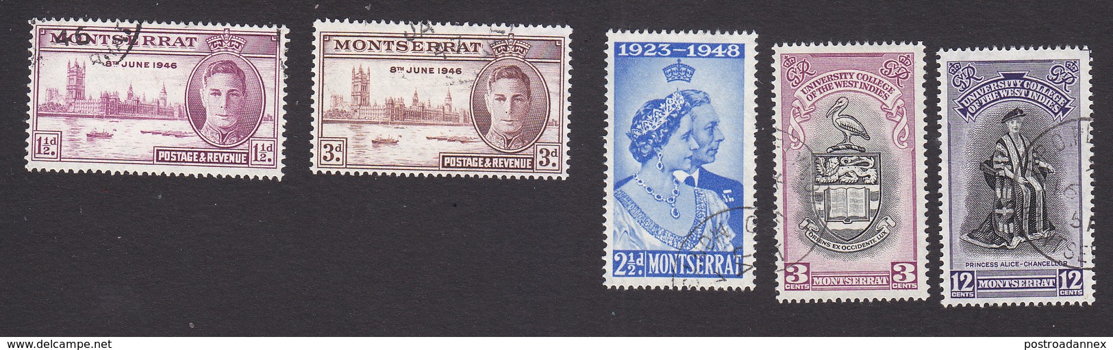 Montserrat, Scott #104-106, 112-113, Used, Peace, Silver Wedding, University, Issued 1946-51 - Montserrat