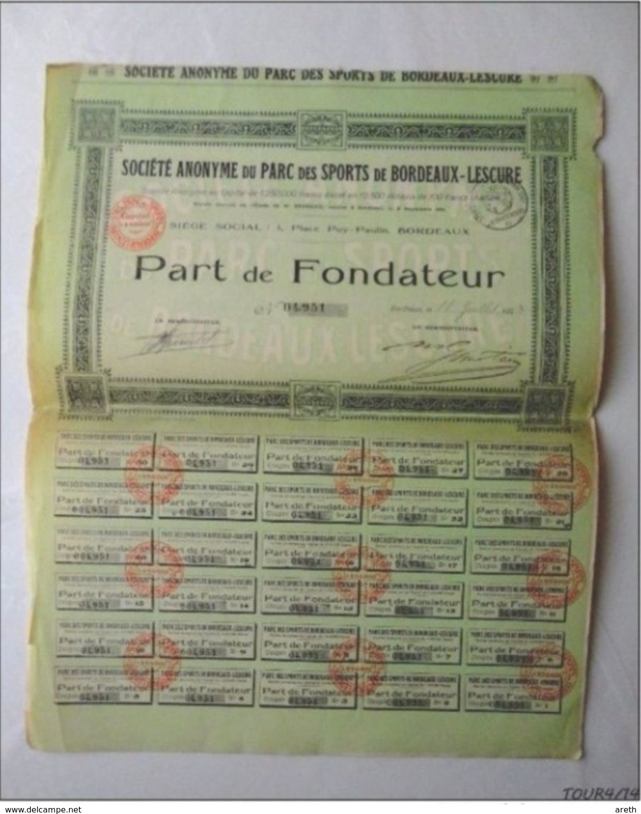 Part De Fondateur S.A Du PARC DES SPORTS BORDEAUX LESCURE ~1923 - Sports