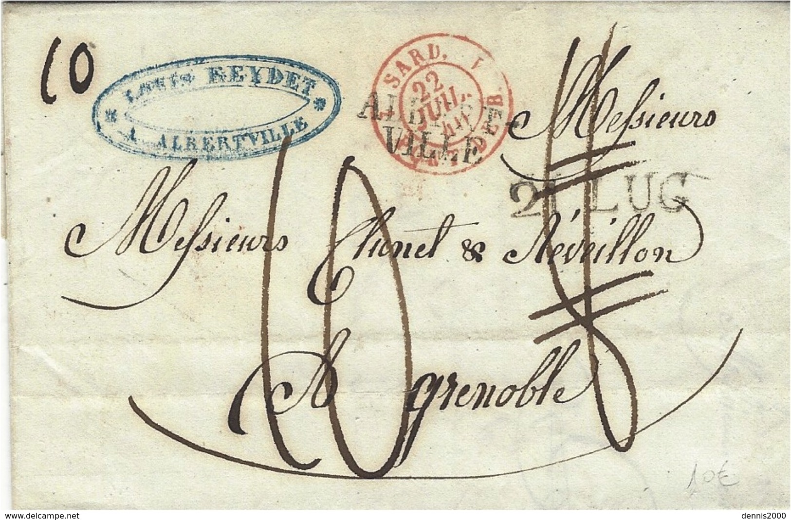 1840-lettre D'ALBERT-/VILLE  21 LUG  Savoie ( Royaume De Sardaigne ) Pour Grenoble  Taxe 8 D. Puis 10 D - 1801-1848: Précurseurs XIX