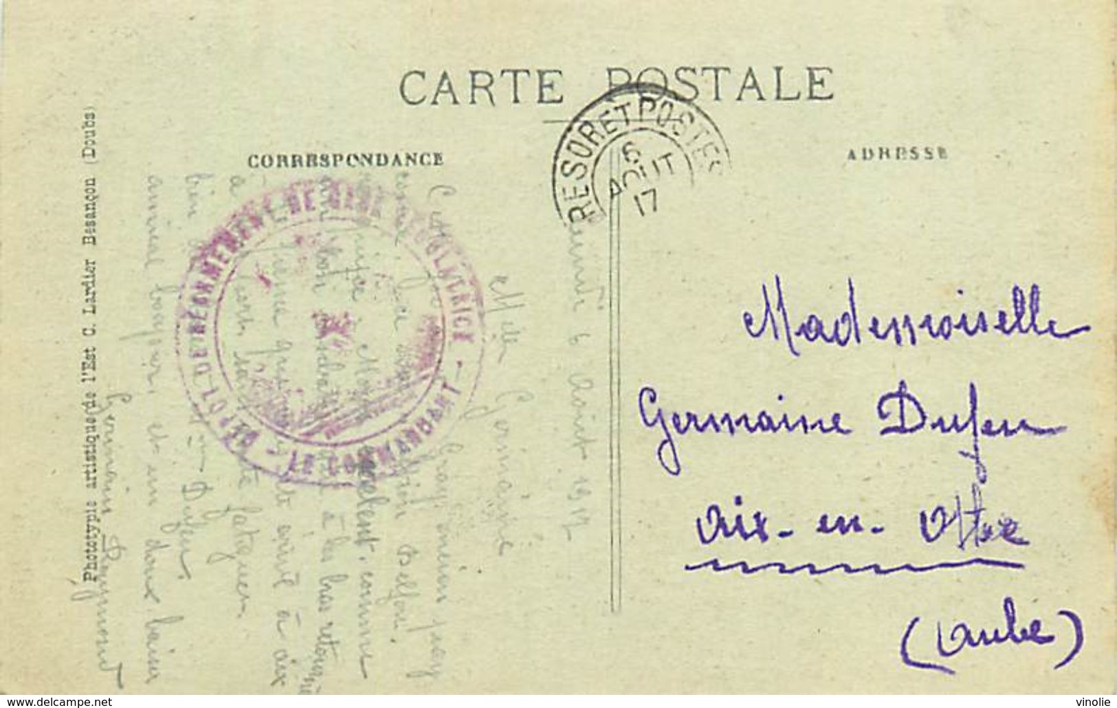 Réf : A-18 Pie Tre-3070 : CARTE POSTALE GRAY. CACHET FRANCHISE MILITAIRE  DEPOT REARMEMENT  DE GARE REGULATRICE - Guerre De 1914-18