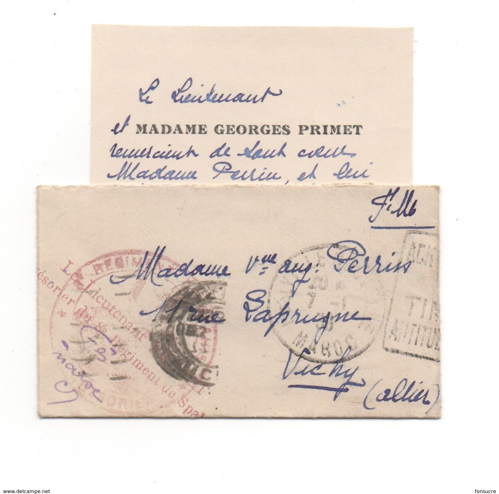 FES Ville Nouvelle MAROC Cachet Régiment + Linéaire Lieutenant PRIMET Trésorier Du 8e Régiment De SPAHIS Pour Vichy - 1921-1960: Modern Period