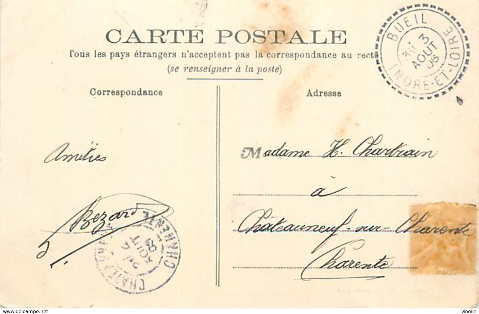 Réf : A-18 Pie Tre-3092 : CARTE POSTALE BUEIL INDRE ET LOIRE  CHATEAU DU PLESSIS. CACHET PERLE 3 AOUT 1906 - Cachets Manuels