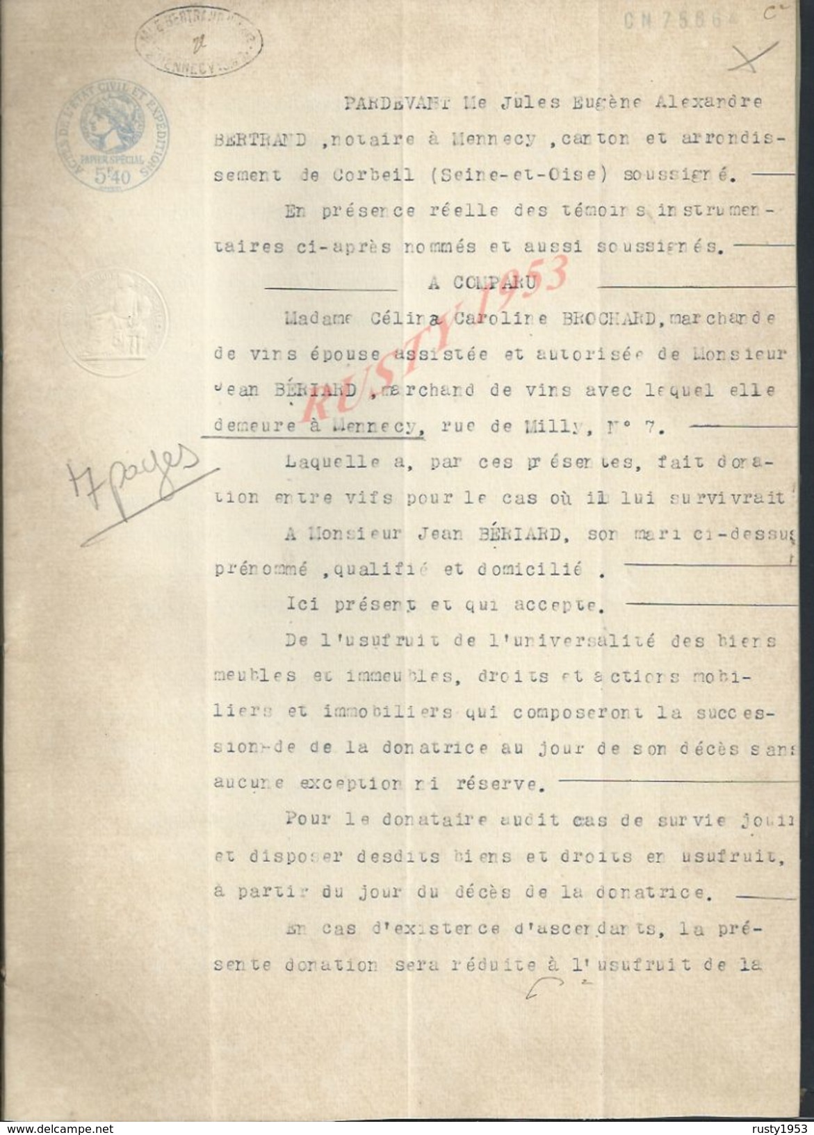 MENNECY 1932 ACTE DONATION BÉRIARD 7 PAGES : - Manuscripts