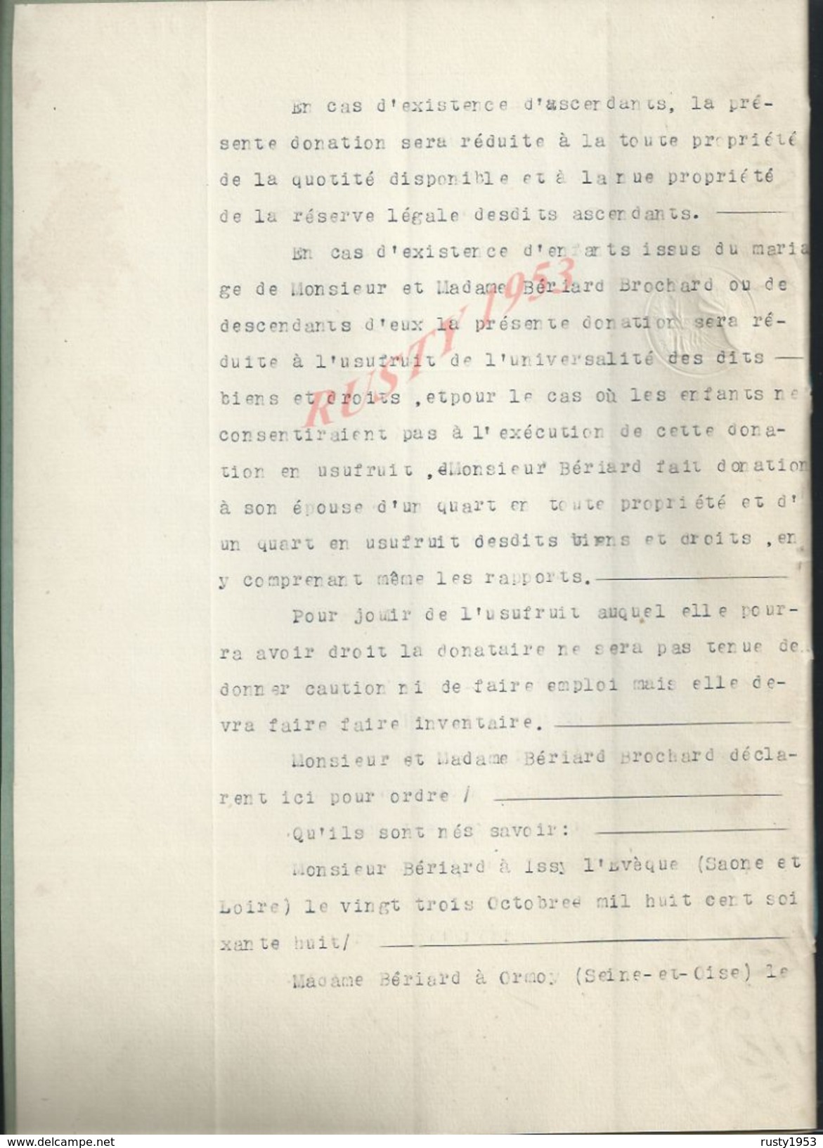 MENNECY 1932 ACTE DONATION BÉRIARD 6 PAGES : - Manuscripts