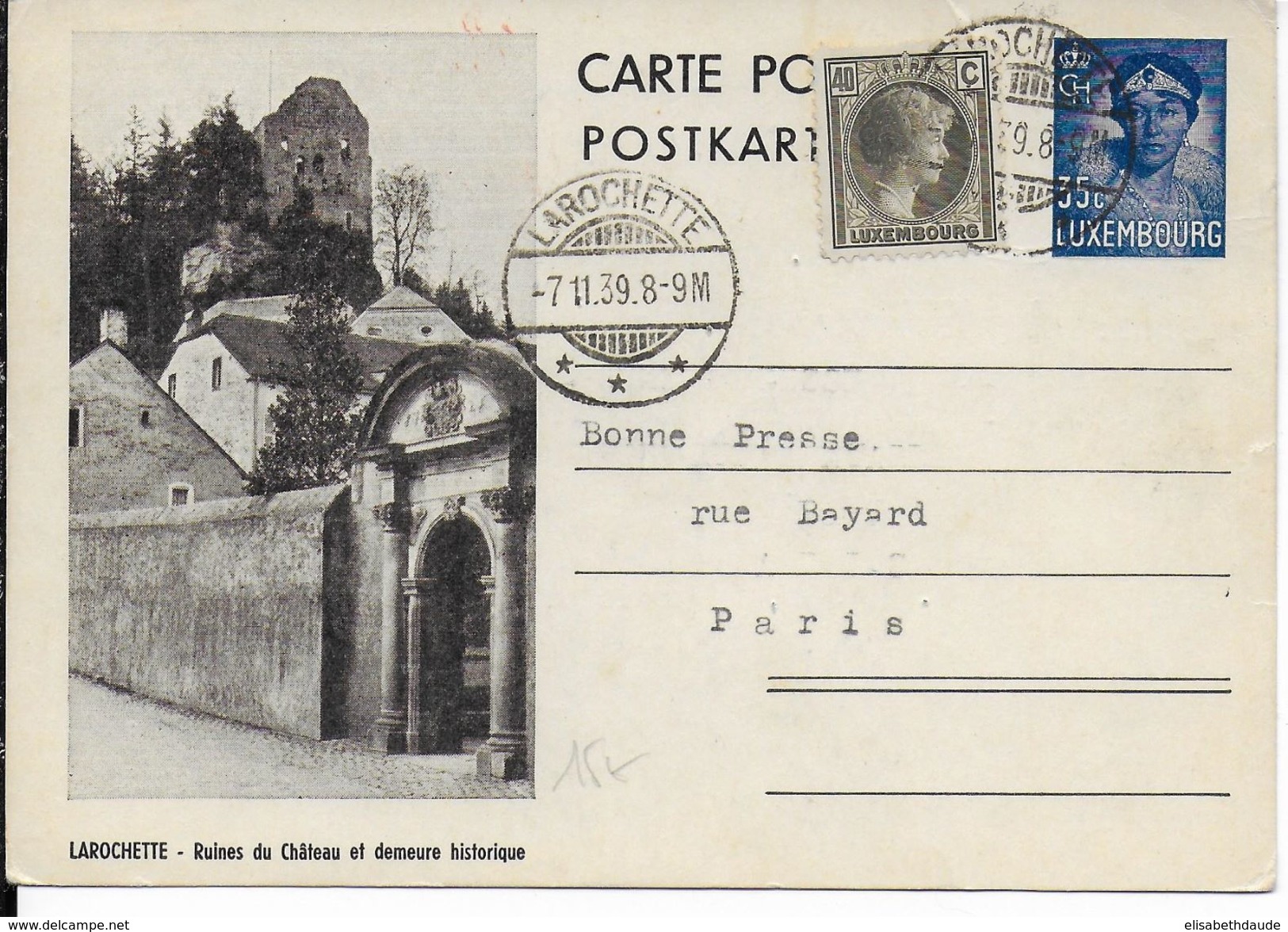 LUXEMBOURG - 1939 - CARTE ENTIER ILLUSTREE BILDPOSTKARTE De LAROCHETTE => PARIS - Enteros Postales