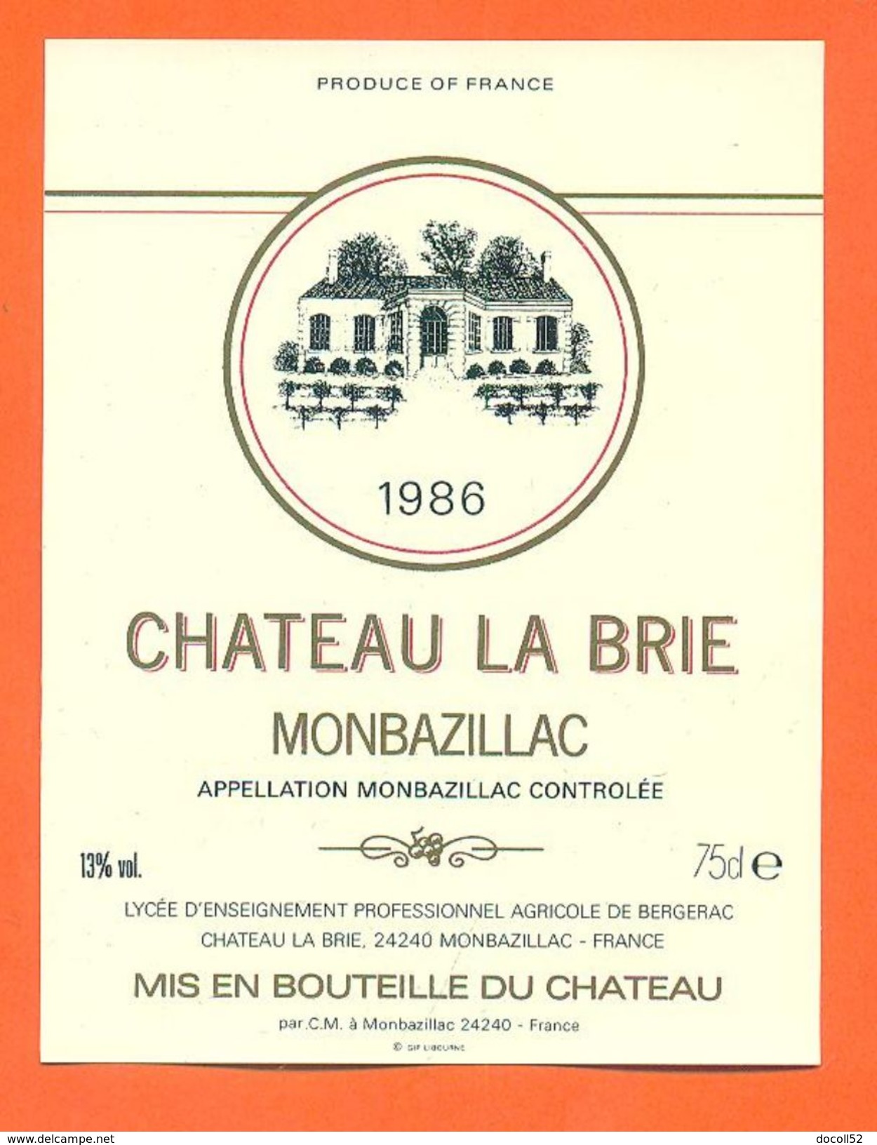 Etiquette Vin De Monbazillac Chateau La Brie 1986 C M à Monbazillac - 75 Cl - Monbazillac