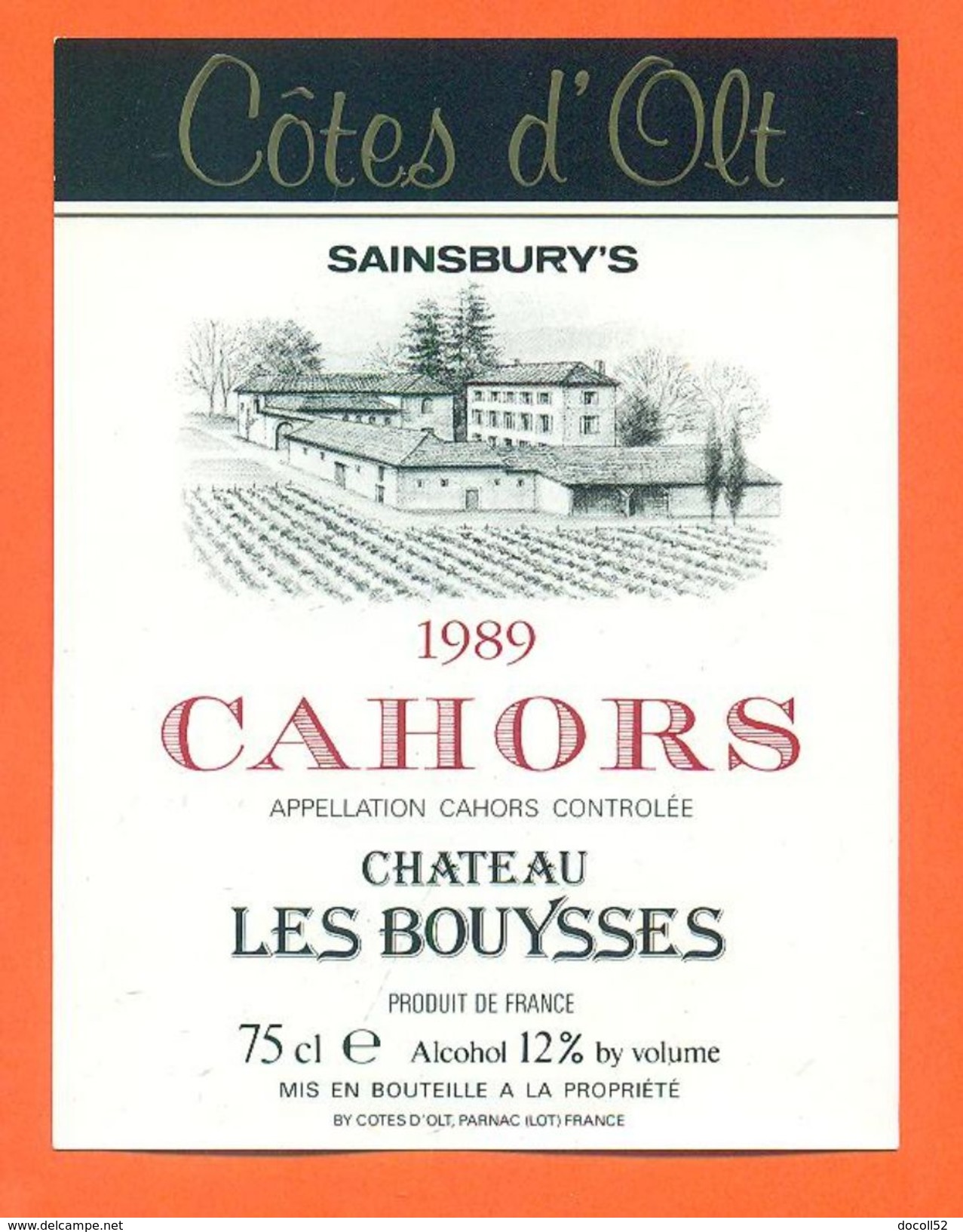 Etiquette Vin De Cahors Chateau Les Bouysses 1989 Cotes D'olt à Parnac - 75 Cl - Cahors