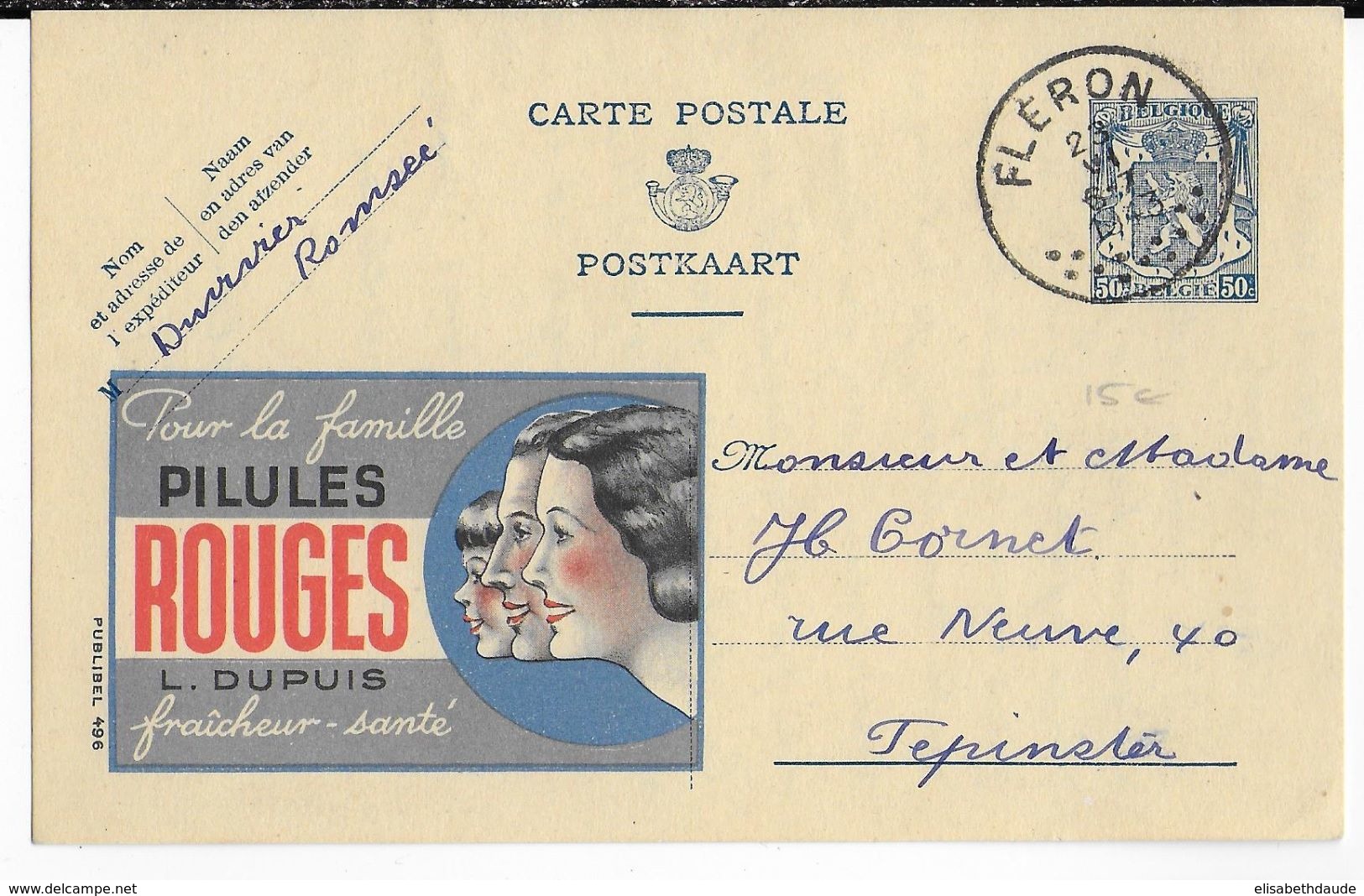 BELGIQUE - 1943 - CARTE ENTIER PUBLIBEL 496 De FLERON => PEPINSTER - Publibels