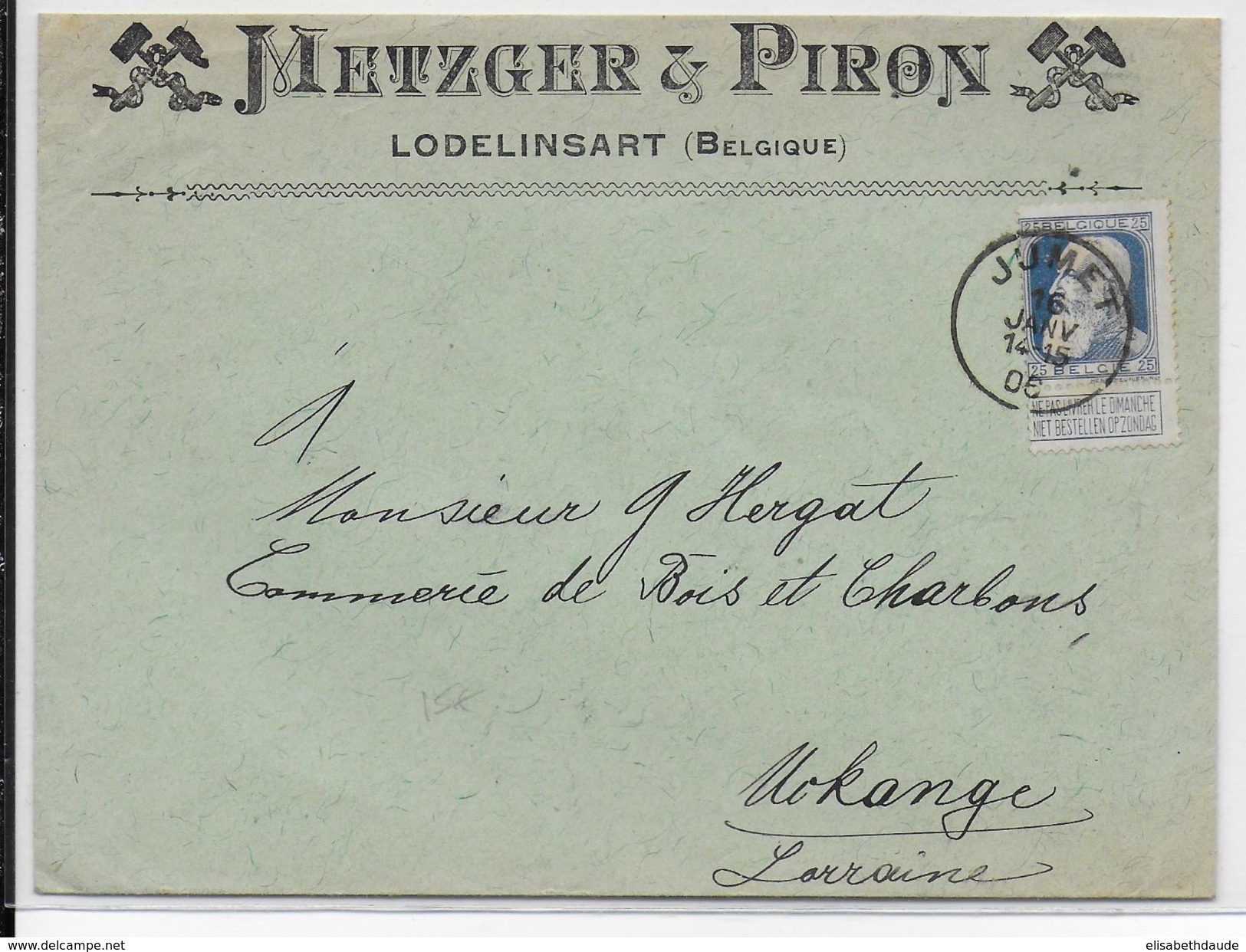 BELGIQUE - 1906 - ENVELOPPE PUB DECOREE (VOIR DOS) De LODELINSART JUMET => UECKINGEN (MOSELLE) - 1905 Grove Baard