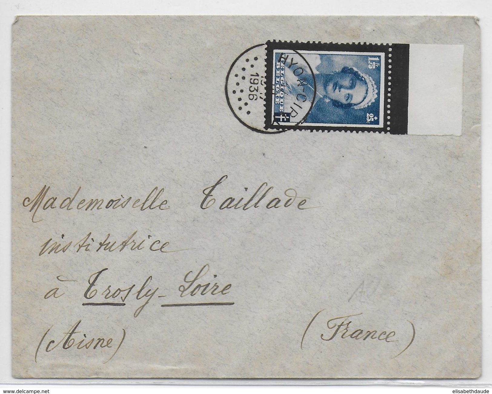 BELGIQUE - 1936 - SEUL SUR LETTRE De HYON CIPLY => TROSLY (AISNE) - Lettres & Documents