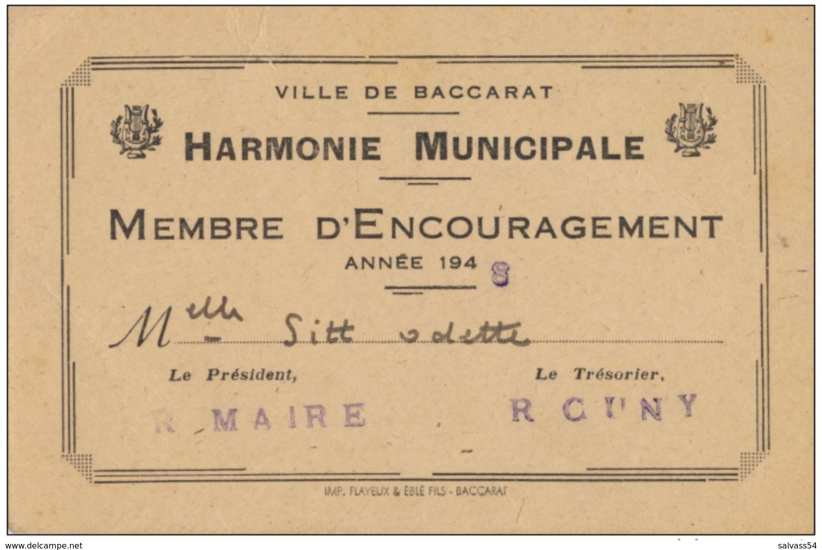 54) Carte De Membre D'Encouragement - Harmonie Municipale De Baccarat - 1948 - Musicien - Musique - Non Classés