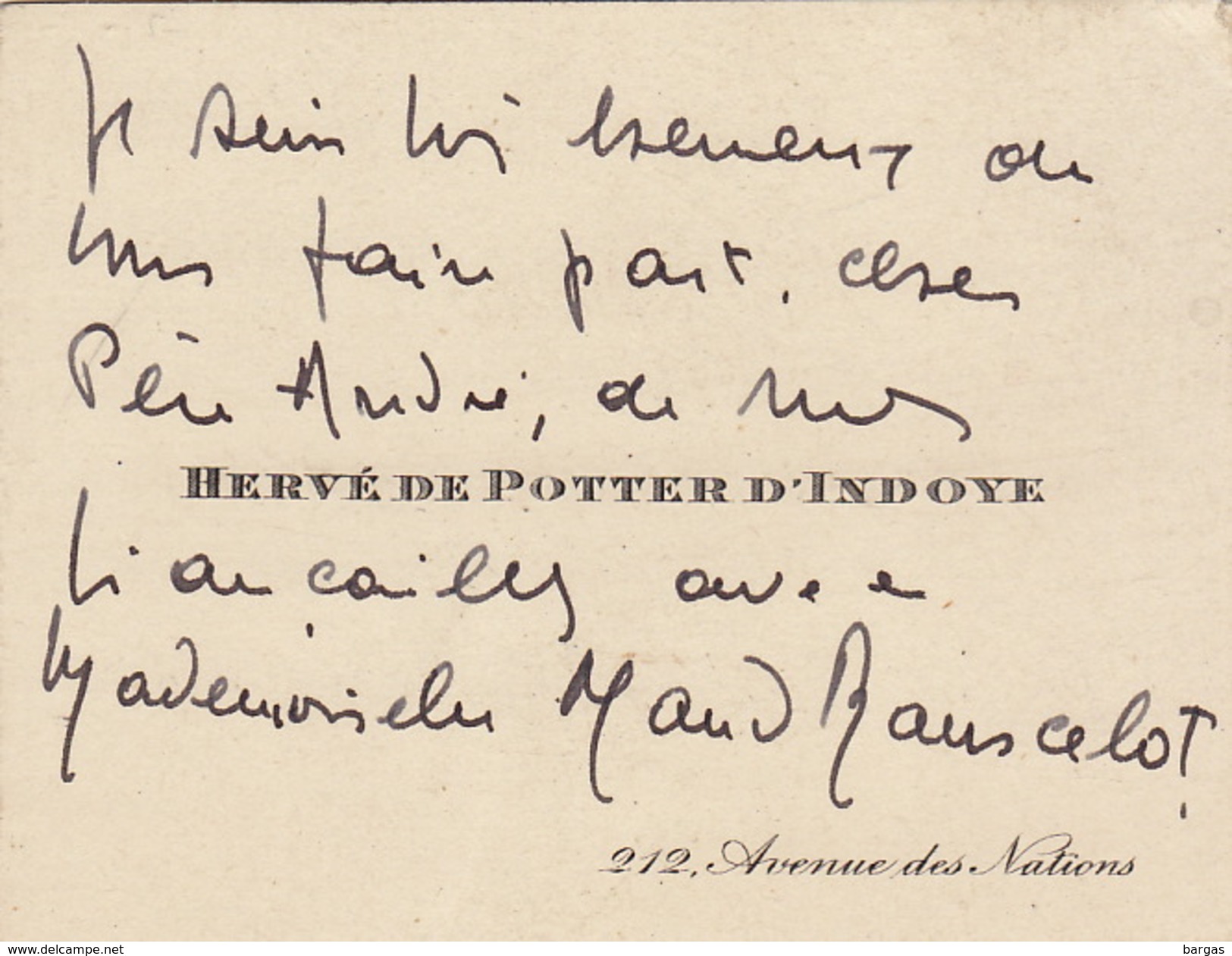 Carte De Visite Herve De Potter D'indoye - Tarjetas De Visita