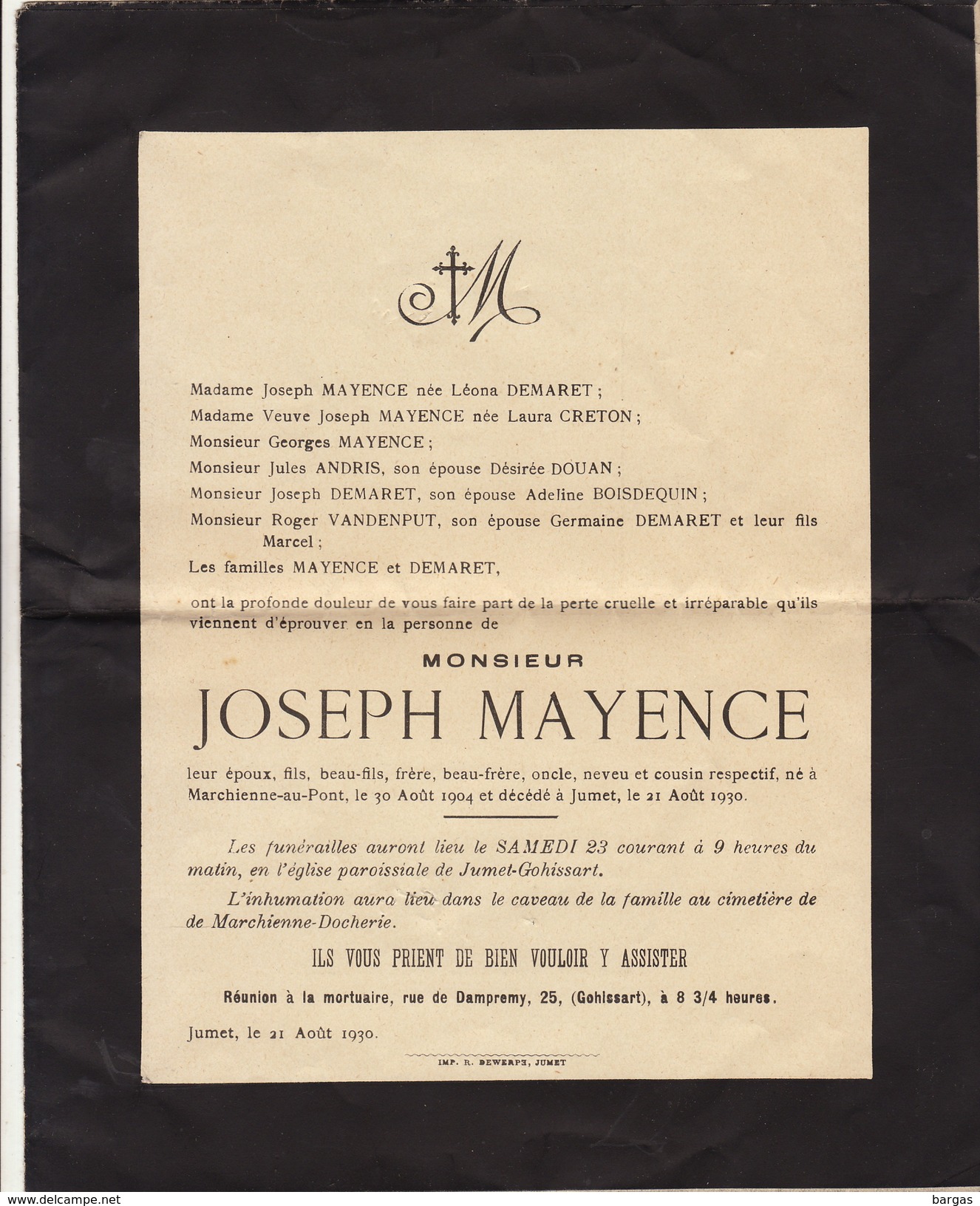 Joseph Mayence Famille Demaret Creton Douan à Jumet - Décès