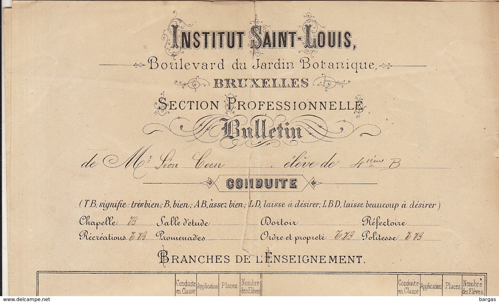 Institut Saint Louis Ecole Bruxelles Bulletin En 1892 Pour Coen Léon - Otros & Sin Clasificación