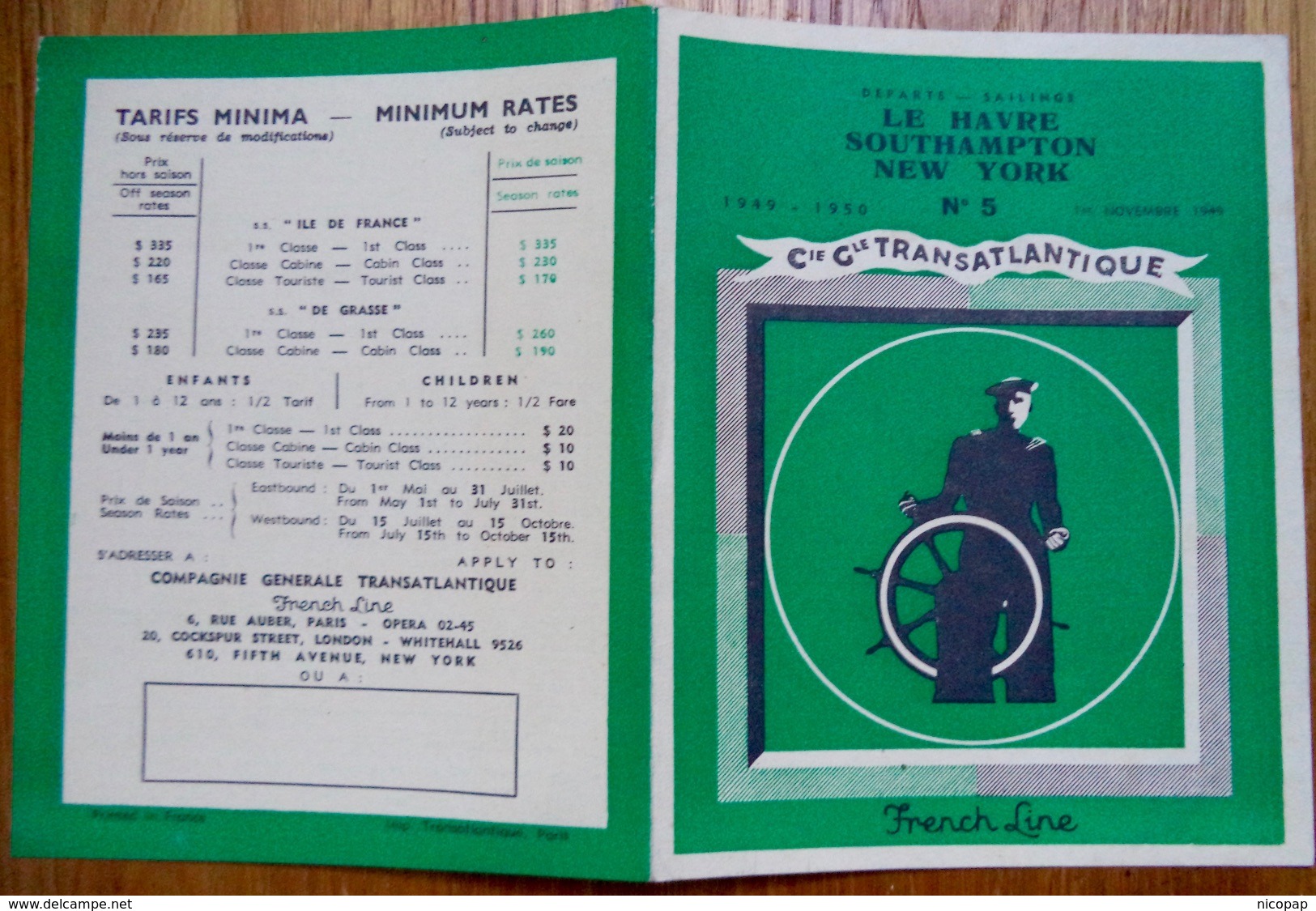 Horaires De La Cie Générale Transatlantique Le Havre, Southampton, New York, 1949-1950 - Monde