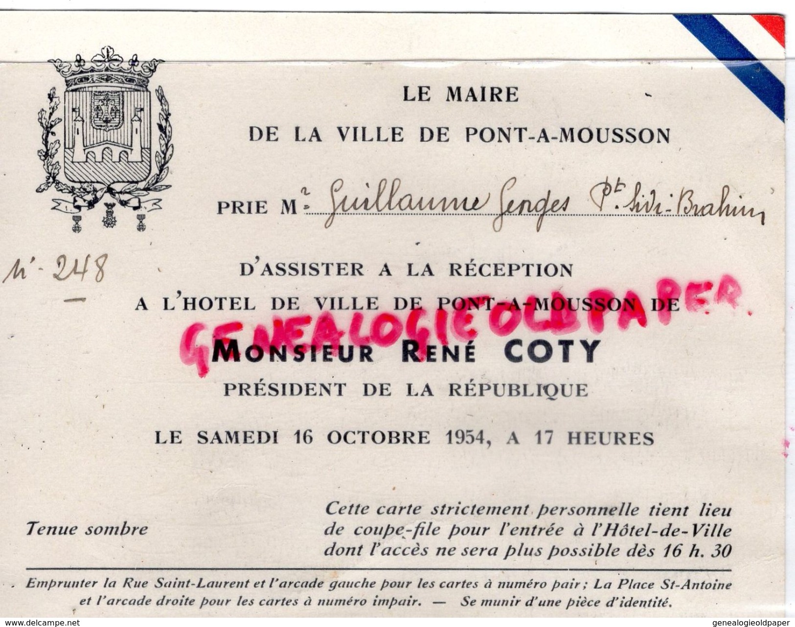 54-PONT A MOUSSON-RARE CARTE INVITATION RECEPTION RENE COTY-MAIRIE MAIRE A GEORGES GUILLAUME-PRESIDENT SIDI BRAHIM-1954 - Documents Historiques