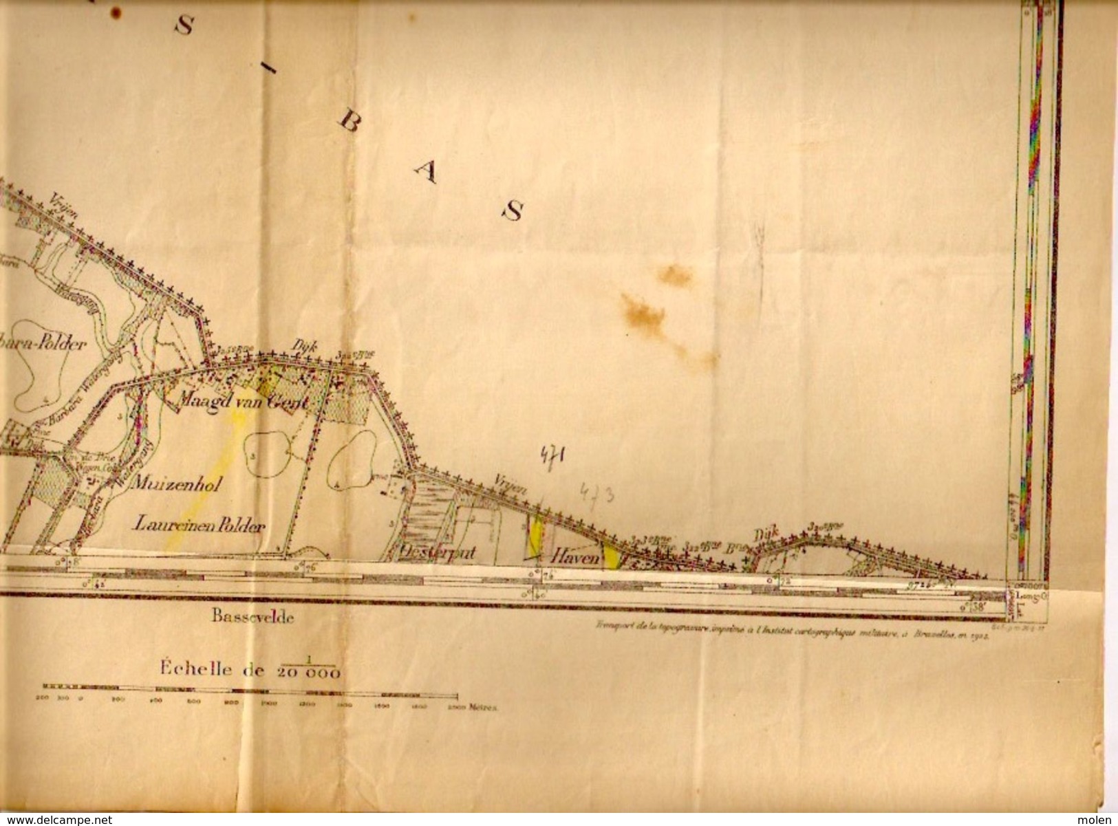 ZEER OUDE STAFKAART 6/5 Situatie 1862 WATERVLIET SINT-LAUREINS Heemkunde Militair Topografische Kaart Geschiedenis S356 - Sint-Laureins