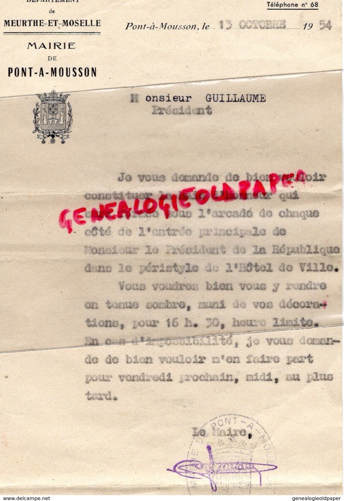 54-PONT A MOUSSON-RARE LETTRE MAIRE RECEPTION RENE COTY-MAIRIE A GEORGES GUILLAUME-PRESIDENT SIDI BRAHIM-1954 - Documents Historiques