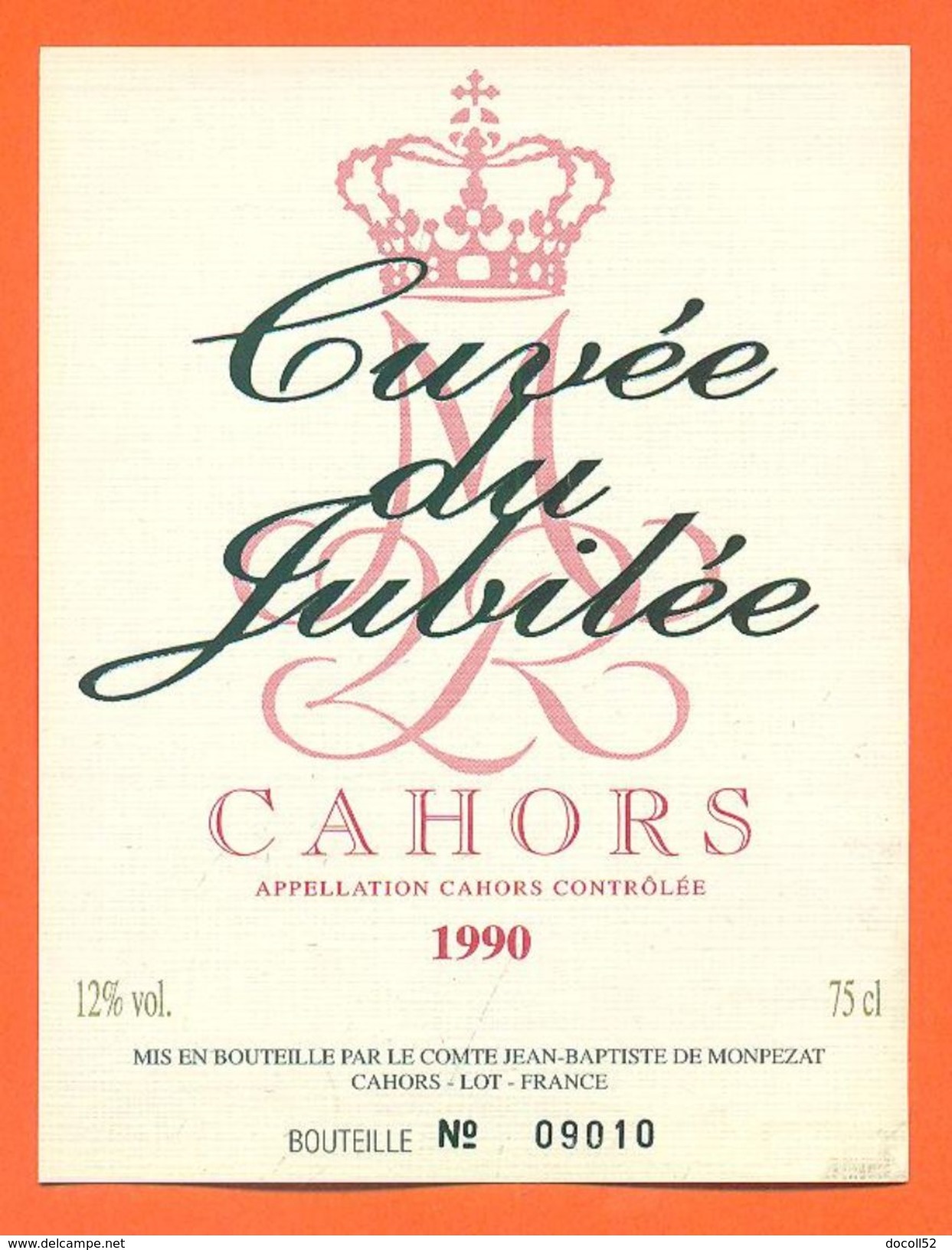 Etiquette Vin De Cahors Cuvée Du Jubilé 1990 Comte De Monpezat à Cahors -75 Cl - Cahors