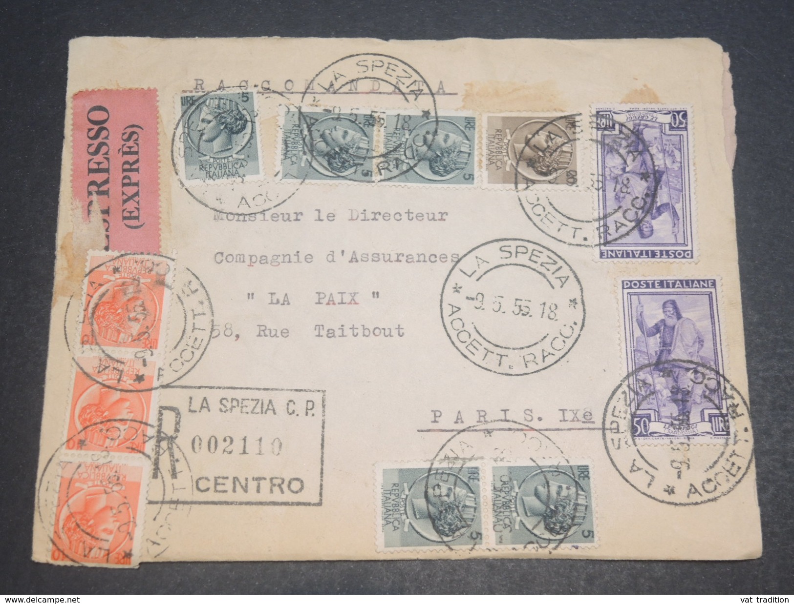 ITALIE - Enveloppe En Recommandé Exprès De La Spezia Pour La France En 1955 , Affranchissement Plaisant -  L 11559 - 1946-60: Marcophilie