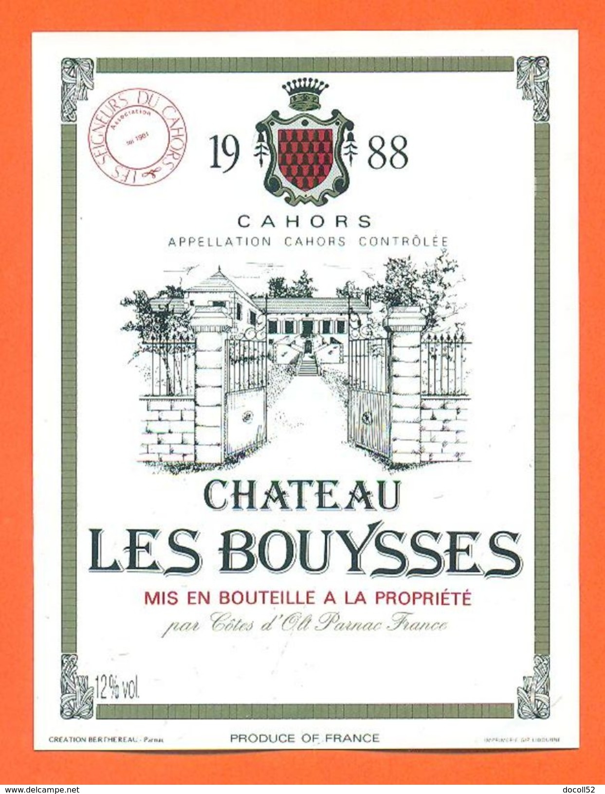 étiquette Vin De Cahors Chateau Les Bouysses 1988 Cotes D'olt à Parnac -75 Cl - Cahors