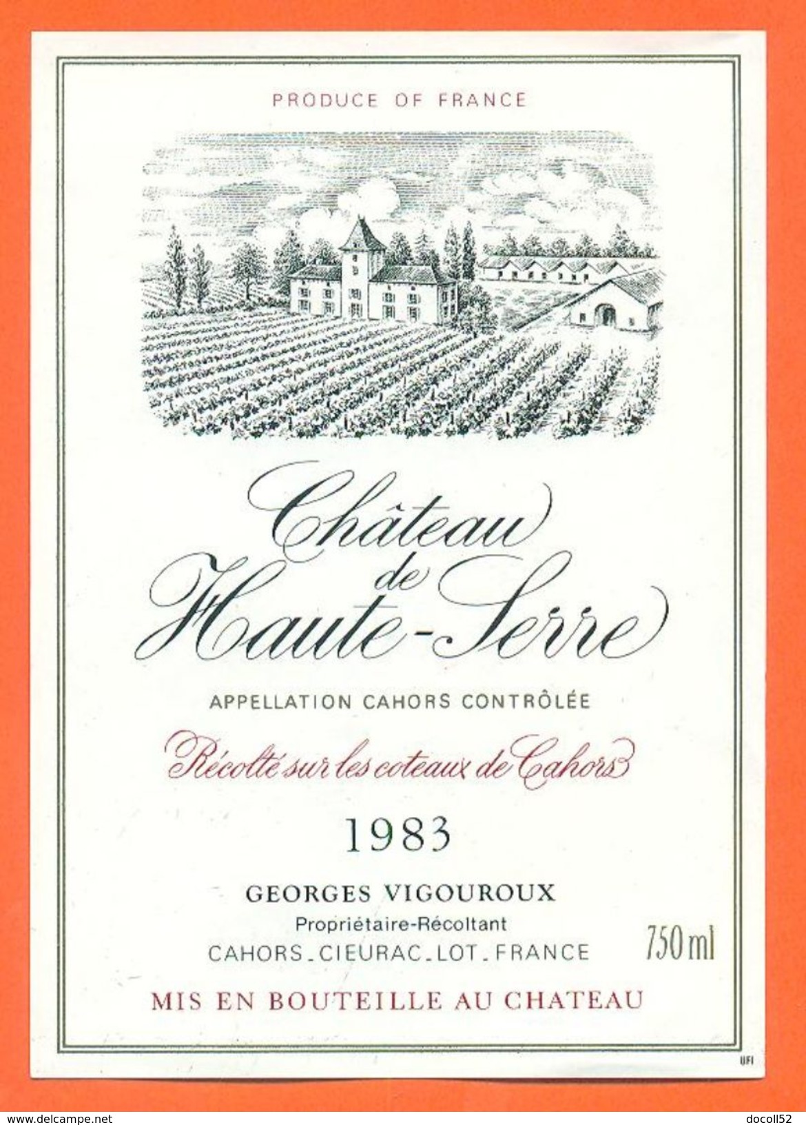 étiquette Vin De Cahors Chateau De Haute Serre 1983 Georges Vigouroux à Cahors Cieurac - 75 Cl - Cahors
