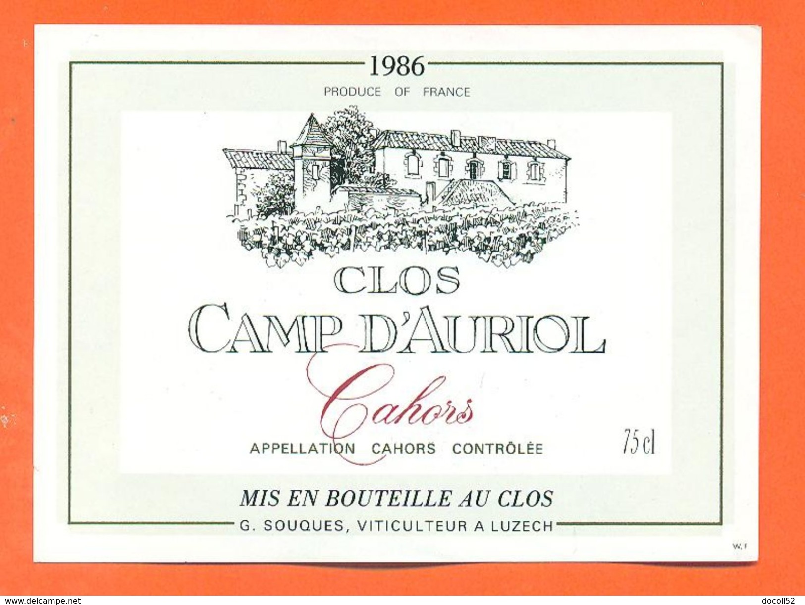 étiquette Vin De Cahors Clos Camp D'auriol 1986 Souques à Luzech - 75 Cl - Cahors