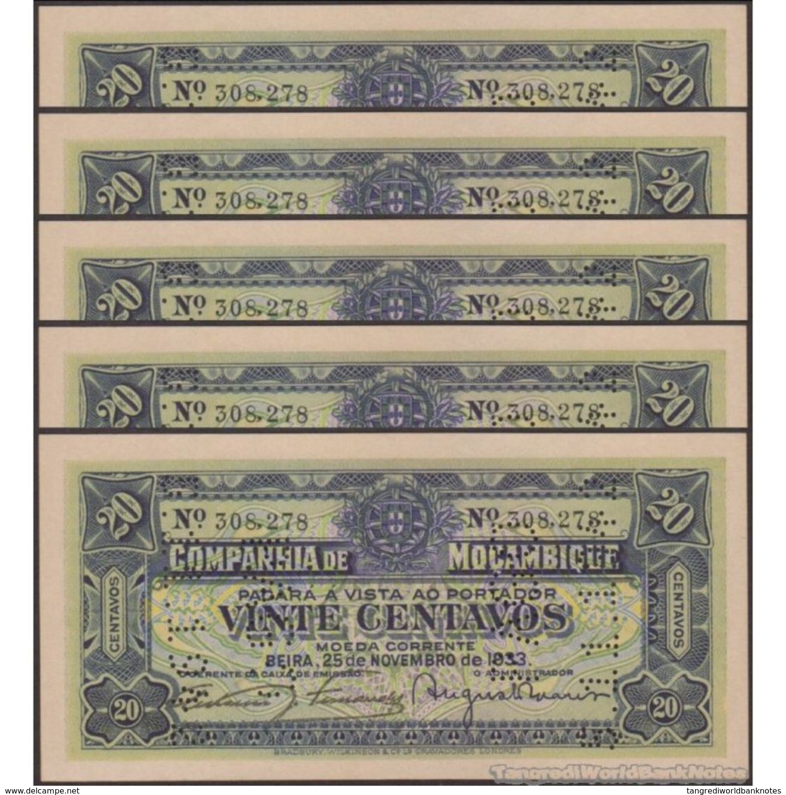 TWN - MOZAMBIQUE R29 - 20 Centavos 25.11.1933 DEALERS LOT X 5 - Perforated: PAGO 5.11.1942﻿ AU - Mozambico