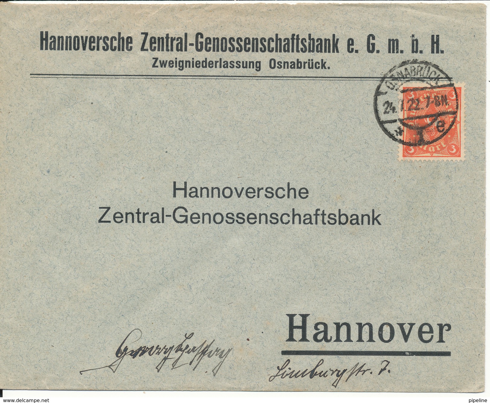 Germany Cover Sent Hannover Osnabruck 24-7-1922 Single Stamped - Covers & Documents